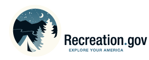 Recreation.Gov Logo showing a tent next to trees under the night sky