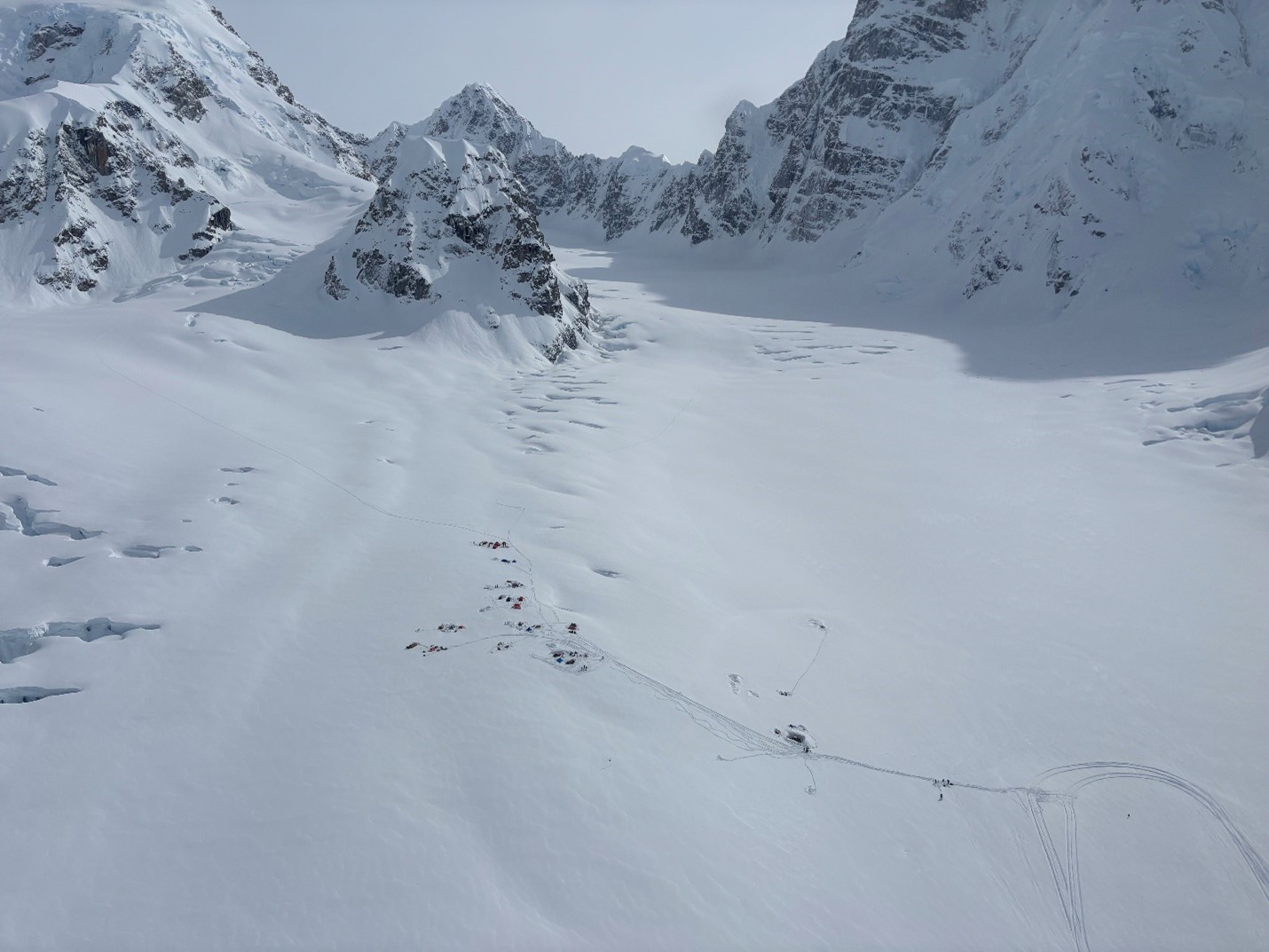 Basecamp on May 6, 2025, from the air. Basecamp on May 6, 2025, from the air.