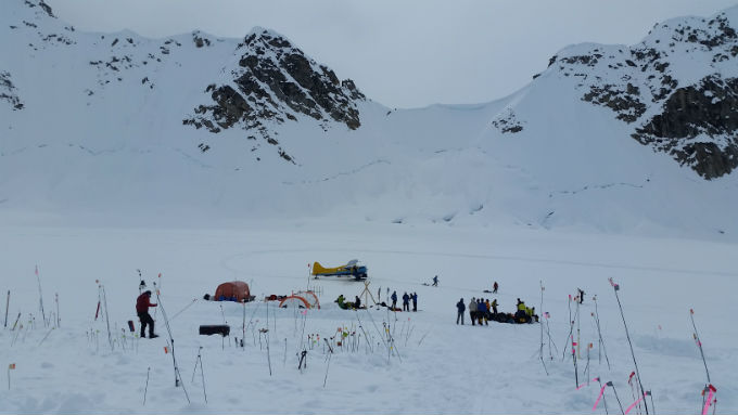 An airplane sits on a glacier landing strip is visible through a small forest of bamboo wands poked into the snow at the Kahiltna Basecamp