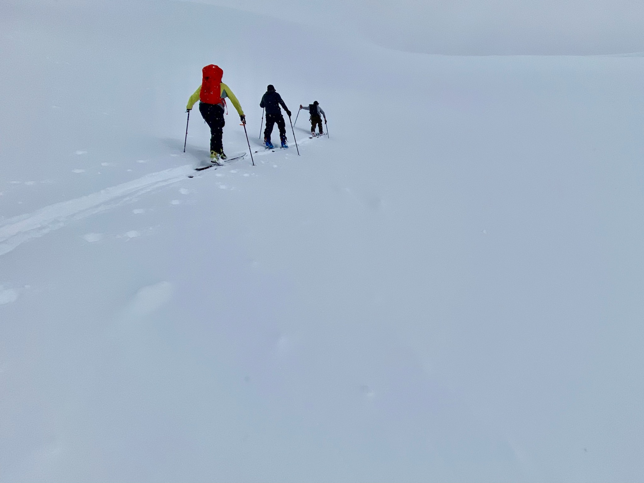Three skiers skin uphill