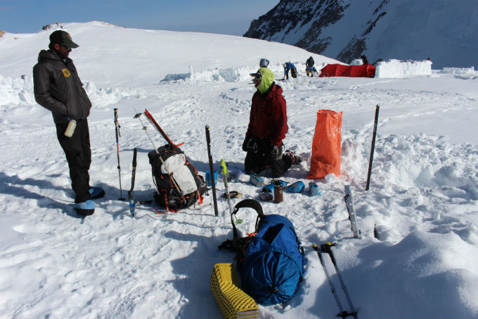 Surveyors check equipment at 17K