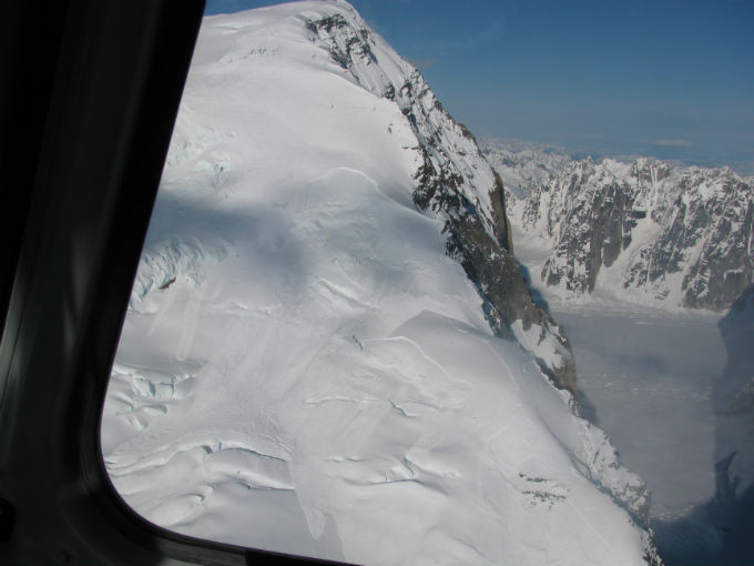 Image from helicopter of avalanche debris