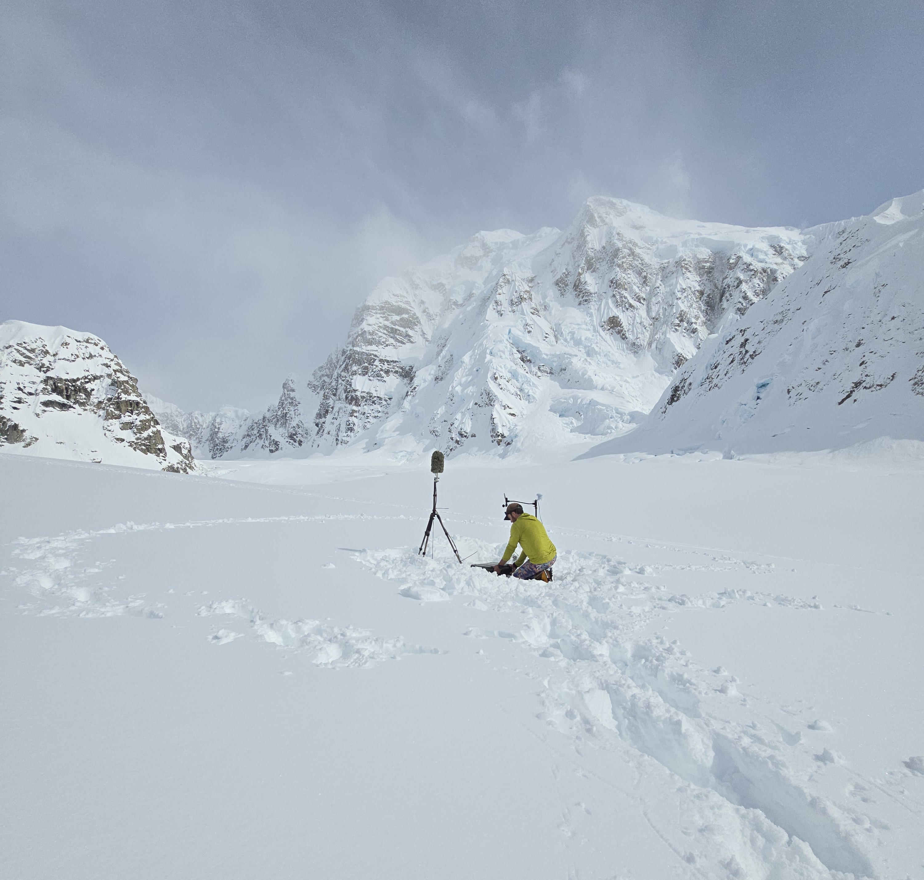 A scientist installs a tripod with sound monitoring equpment on a snowly glacier