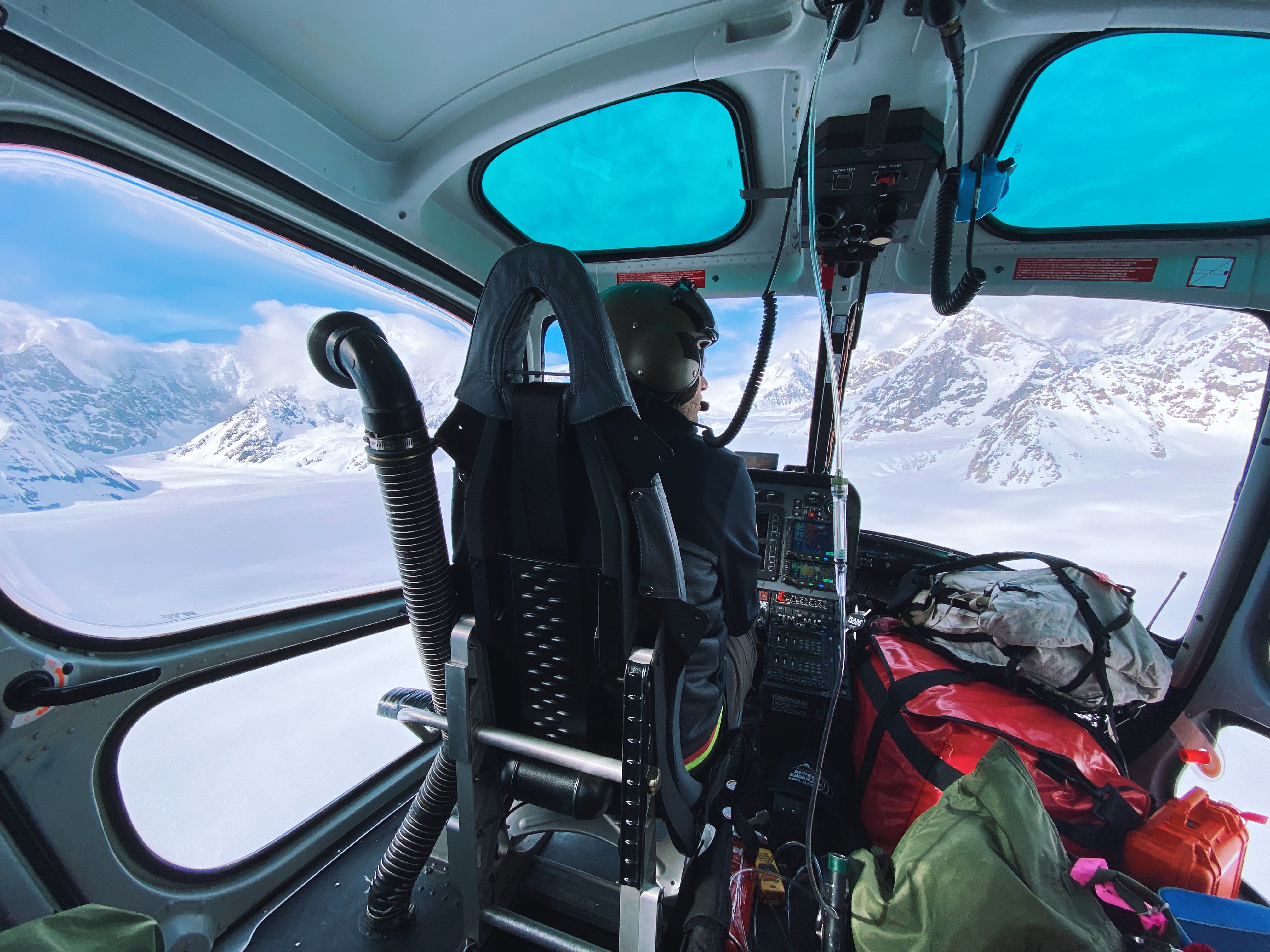 View of the mountain range from inside a helicopter
