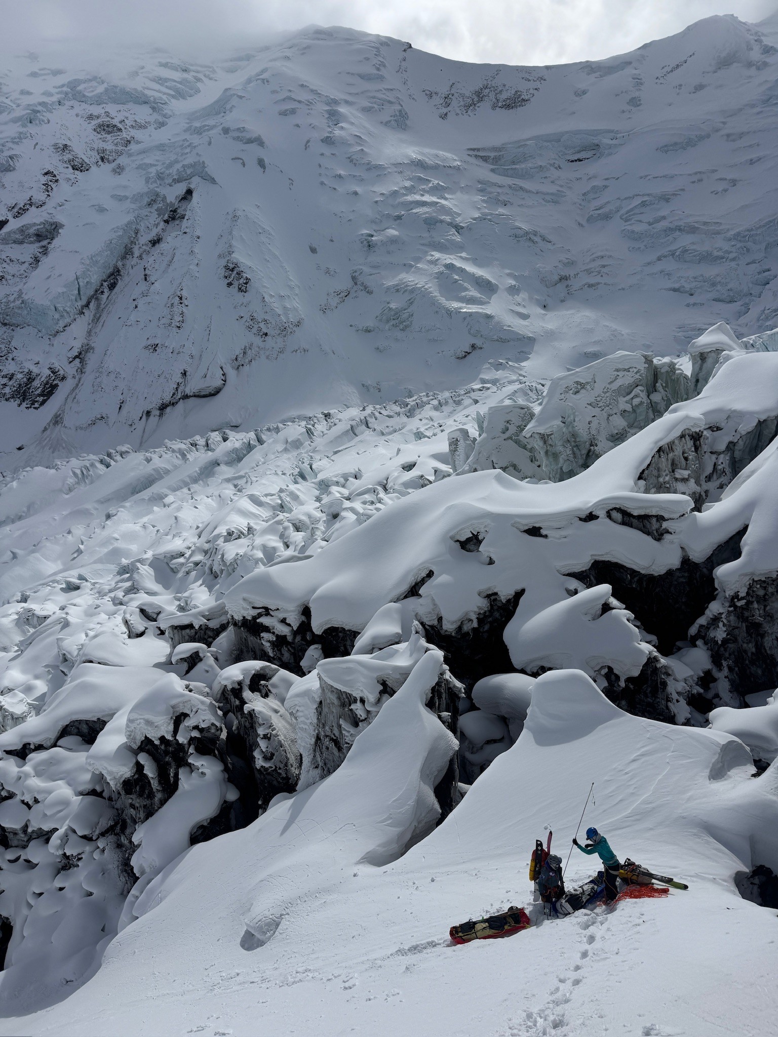 Muldrow 1 Accessing climbers' right of the Hill of Cracks at 8,000'. It may be possible to bypass this terrain in appropriate avalanche conditions.