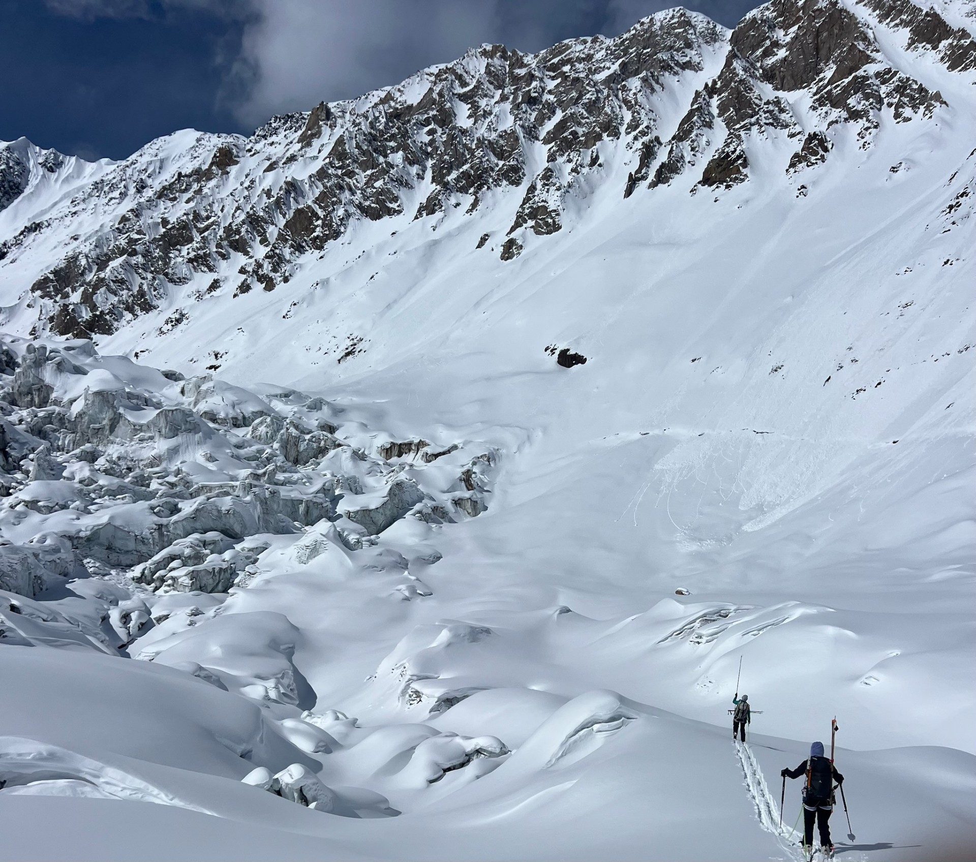Muldrow 2 Descending past the Lower Icefall at 7,000'. The route has always bypassed the Icefall on climbers' right, but has become more challenging post-surge.
