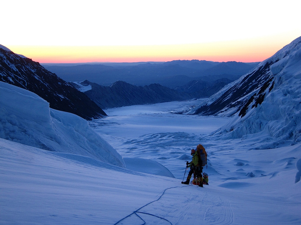 Muldrow Patrol 2013 _074 Finding a way through the Great Icefall on the Muldrow Glacier at 2 AM.