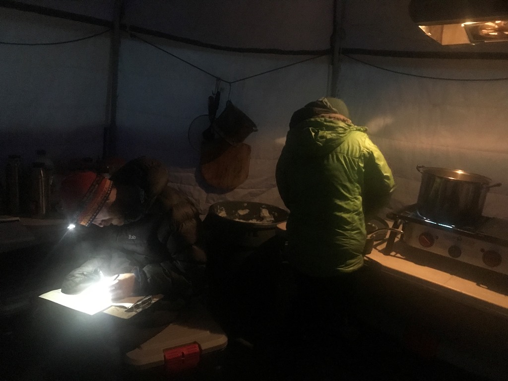 Two volunteers work at night by the light of headlamps in the medical tent