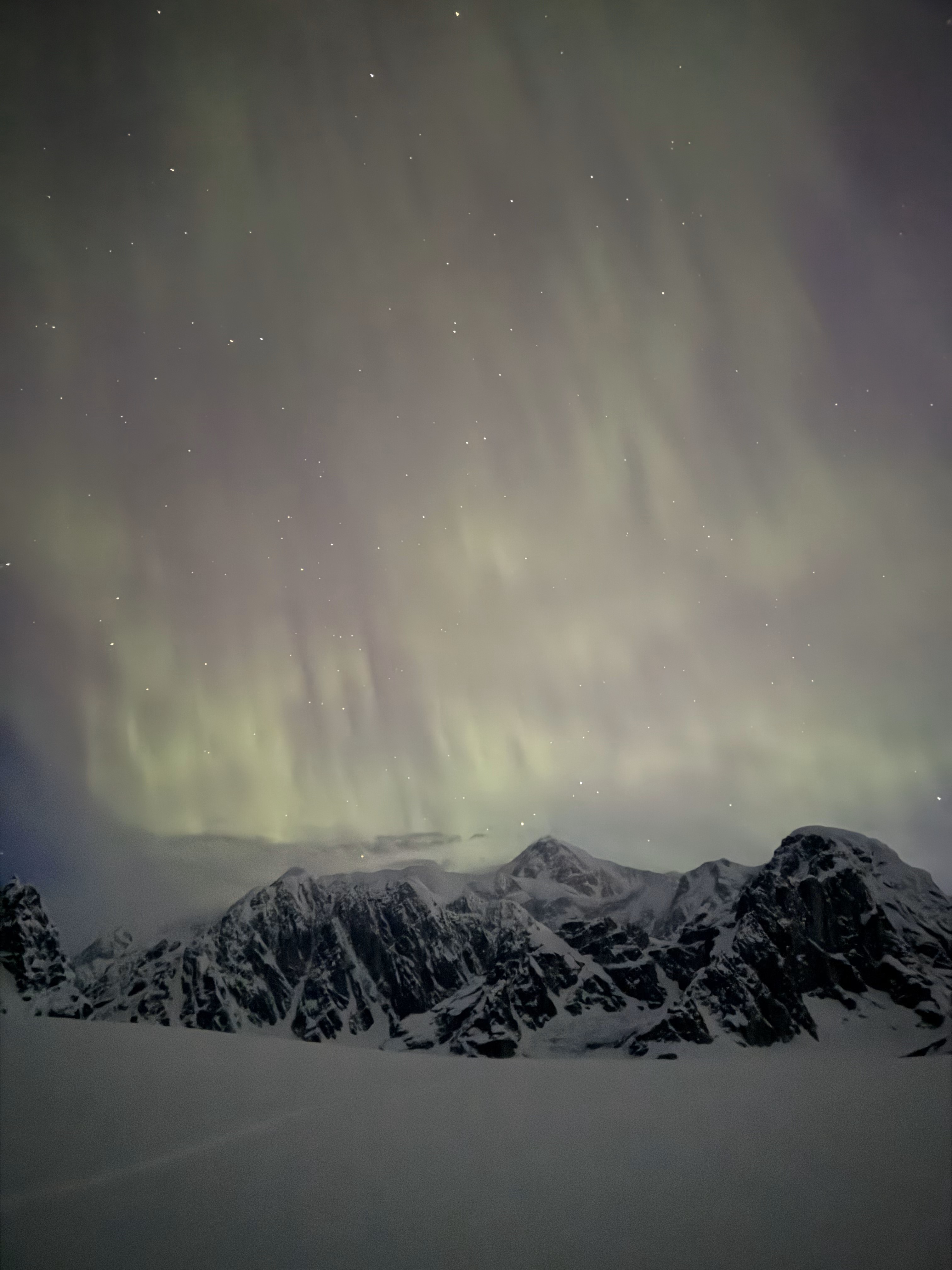 Photo of the week, Northern Lights Night sky with pale green northern lights above mountain peaks