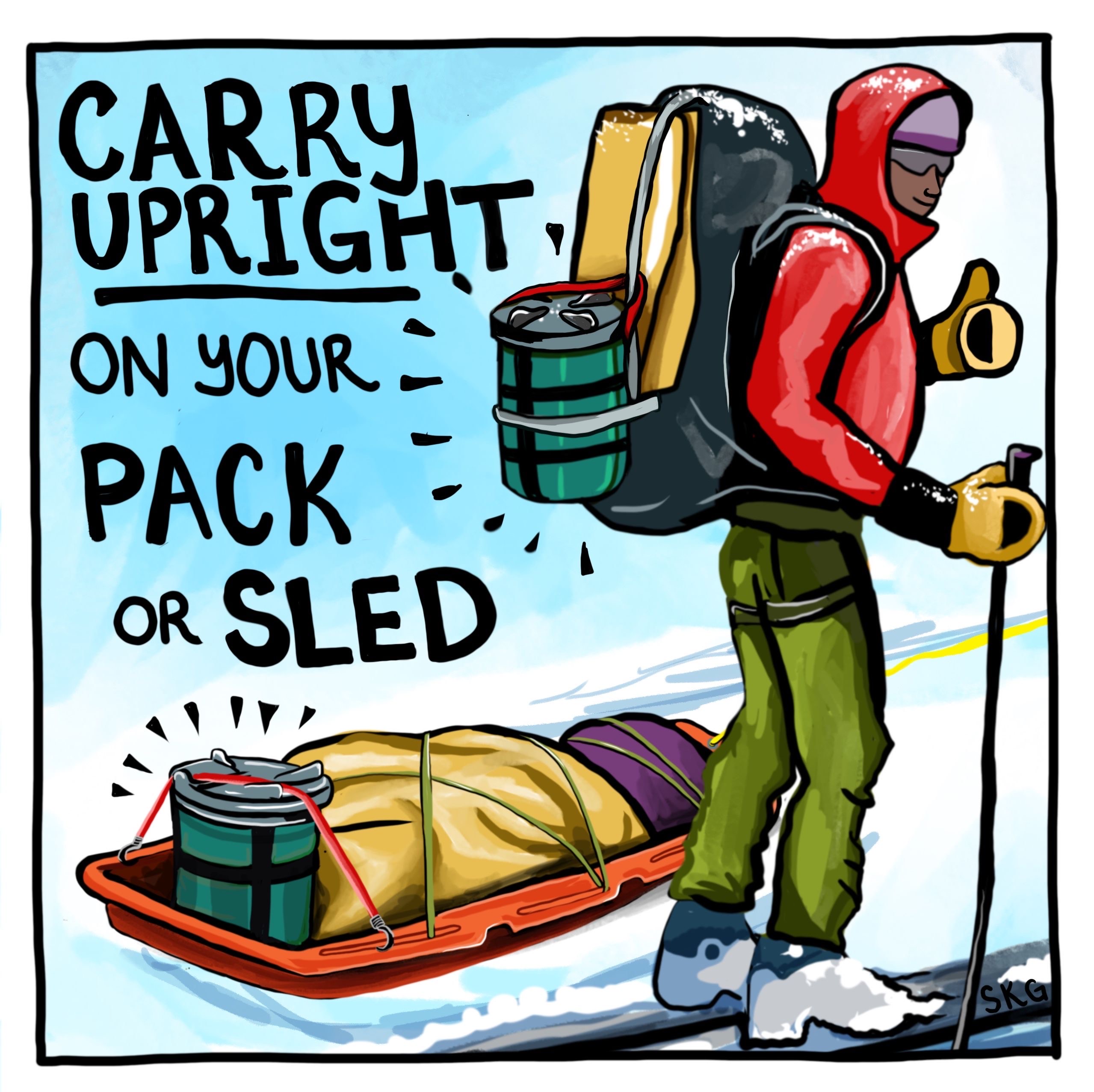 Graphic of a skier with green clean mountain can strapped upright on backpack standing next to a sled packed with an upright can.