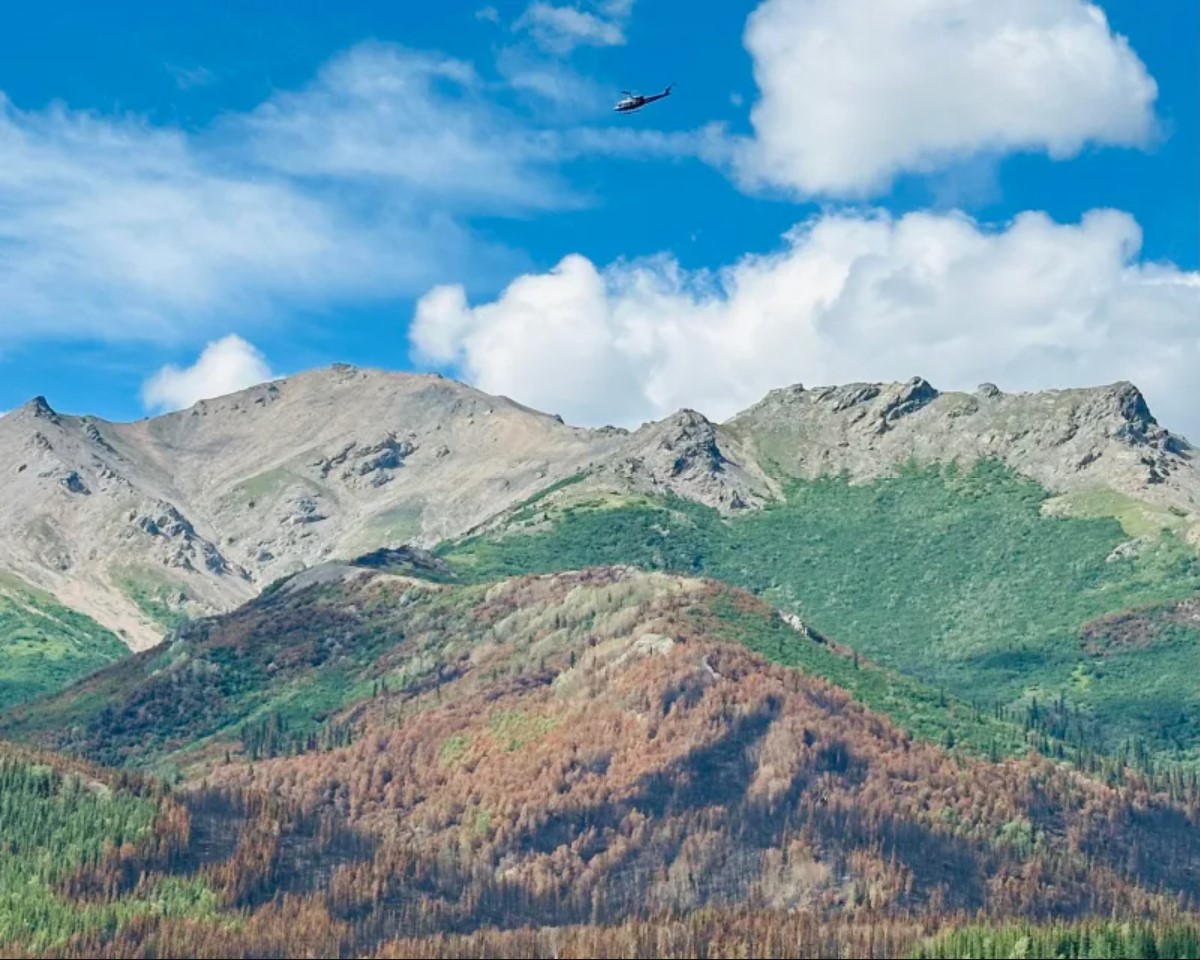 Riley Fire 7.10.24 - Francesca Baca Photo A helicopter flies over a mountainous landscape with sections of green and brown forest.