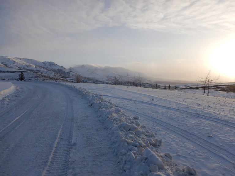 A snow-covered road looking east from Primrose Ridge.