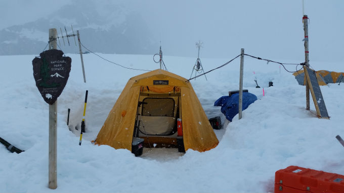 Snow falling on Basecamp tent Snow falling on Basecamp tent
