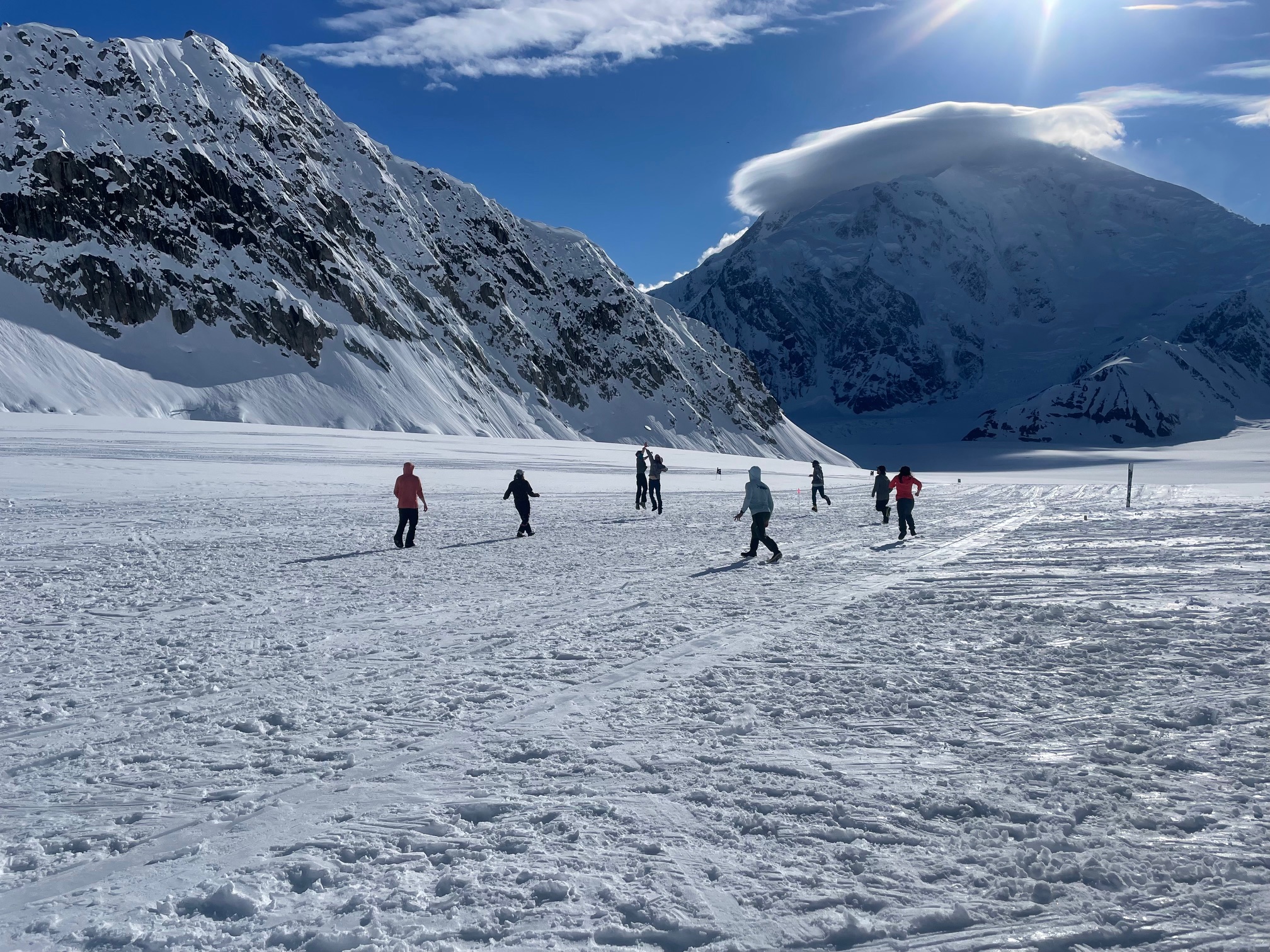The ultimate game of ultimate A group of climbers play a game of ultimate frisbee on the Kahiltna Glacier