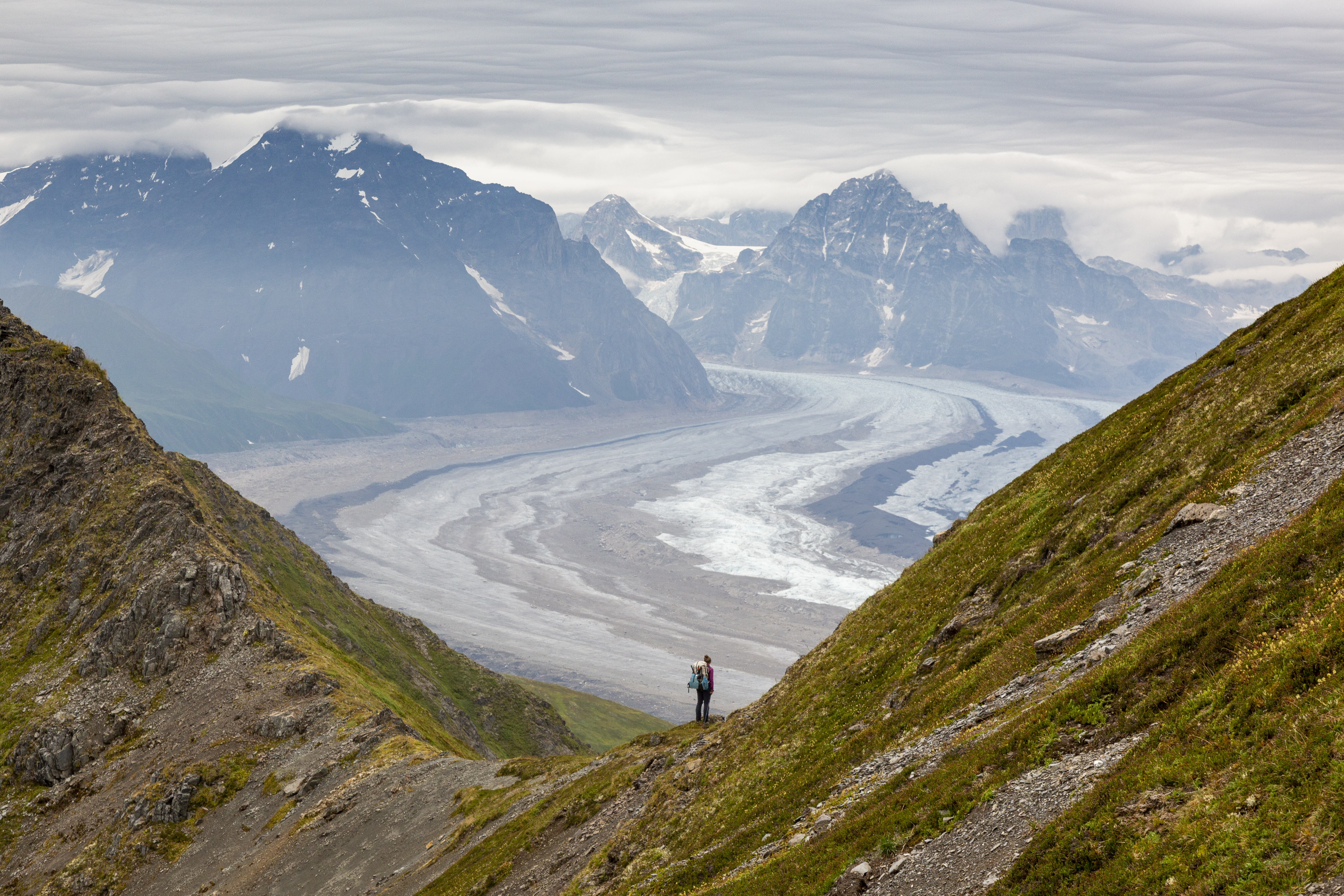 A backpacker stands on a green, rocky ridge looking up a glacier with snow-capped peaks in the distance