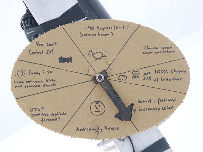 Cardboard circle with an arrow pointing to various weather forecasts