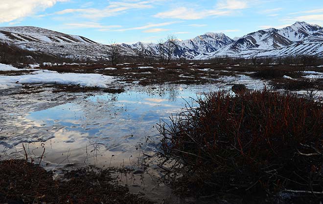 winter scenery of a frozen pond, distant, snowy mountains and mostly blue sky