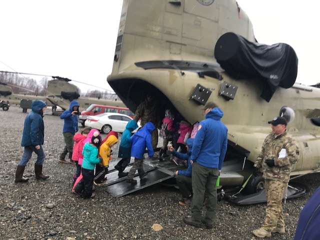 Talkeetna Elementary kids enter the Chinook cargo hold Talkeetna Elementary kids enter the Chinook cargo hold
