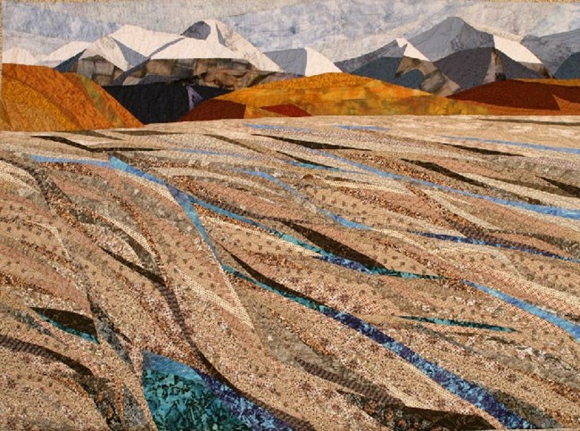artwork of a braided river and mountains