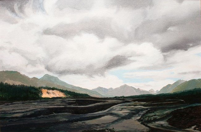 oil painting of a river under dark, heavy clouds
