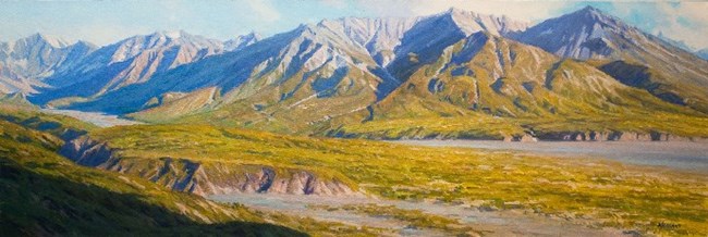 oil painting of mountains and tundra