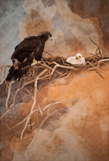 artwork of a golden eagle and chick at a nest
