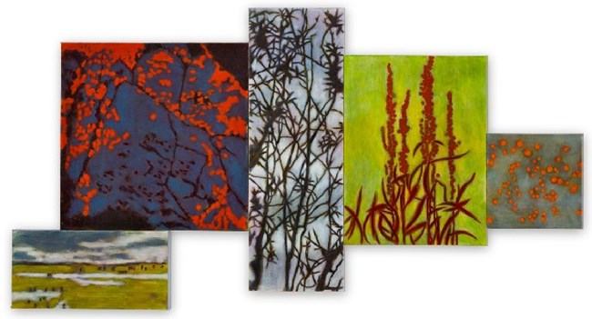 five connected oil paintings of stylized plants