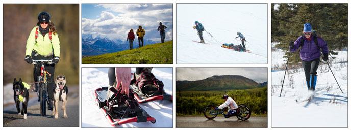 Six photographs of people cycling, hiking, snowshoeing, and skiing Six photographs of people cycling, hiking, snowshoeing, and skiing