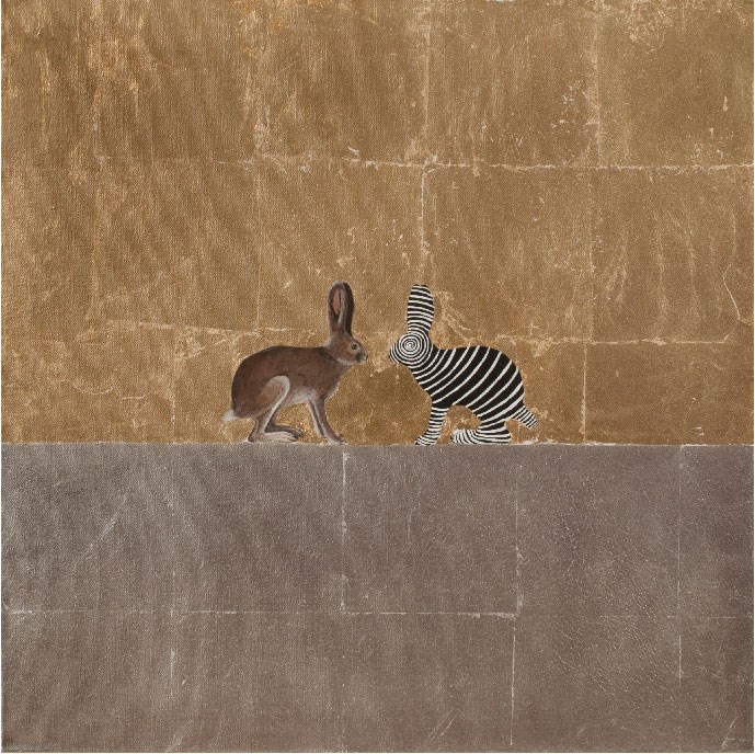 “Alaska Gold: Snowshoe Hare” 24” x 24” acrylic, oil, and metal leafing on canvas “Alaska Gold: Snowshoe Hare” 24” x 24” acrylic, oil, and metal leafing on canvas