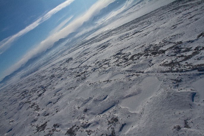 An aerial view of backcountry trails and kettle ponds in winter