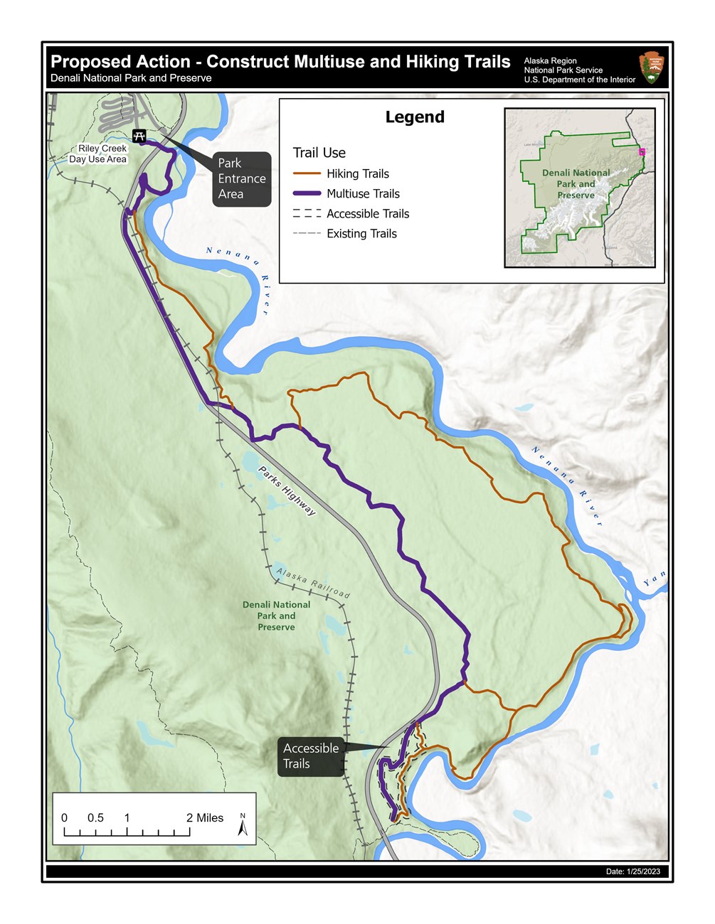 A map of a small area in the northeast corner of Denali national park and preserve. The map covers from the park entrance and Riley Creek day use area south to where the Parks Highway crosses the Nenana River approximately 6 miles south of the park entran