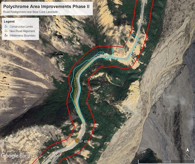 Satellite image of the Bear Cave Landslide area. Overlaid drawings mark the construction area around the landslide, the new road alignment after improvements are complete, and the wilderness boundary.