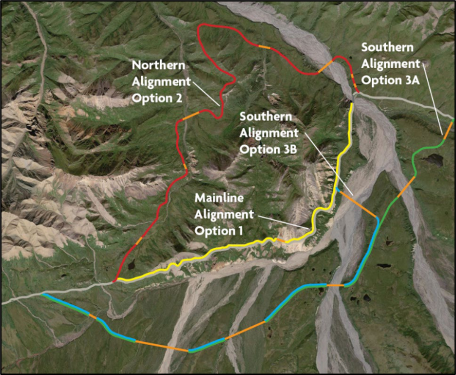 A satellite image of the Polychrome area. Colored lines indicate the southern alignment options (south of the existing road, several new bridges), the mainline option (following the existing road, one new bridge) and northern option (several new bridges).