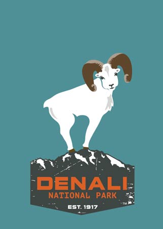 a cartoon sheep standing on a stylized mountain, with the words "Denali National Park, established 1917" on it