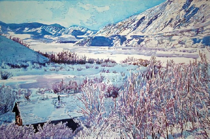 “East Fork Winter” 24” x 36” acrylic paints, stretched canvas