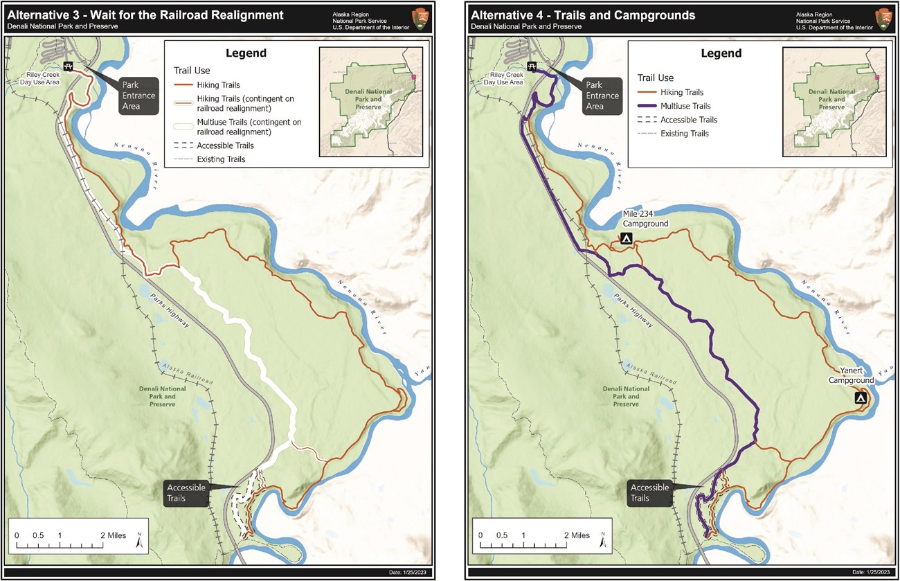 Two maps of the proposed area side by side. On the left, alternative 3 shows that the hiking trail and multi-use trail are contingent on railroad realignment. On right, both trails are built and two campgrounds exist along the hiking trail.