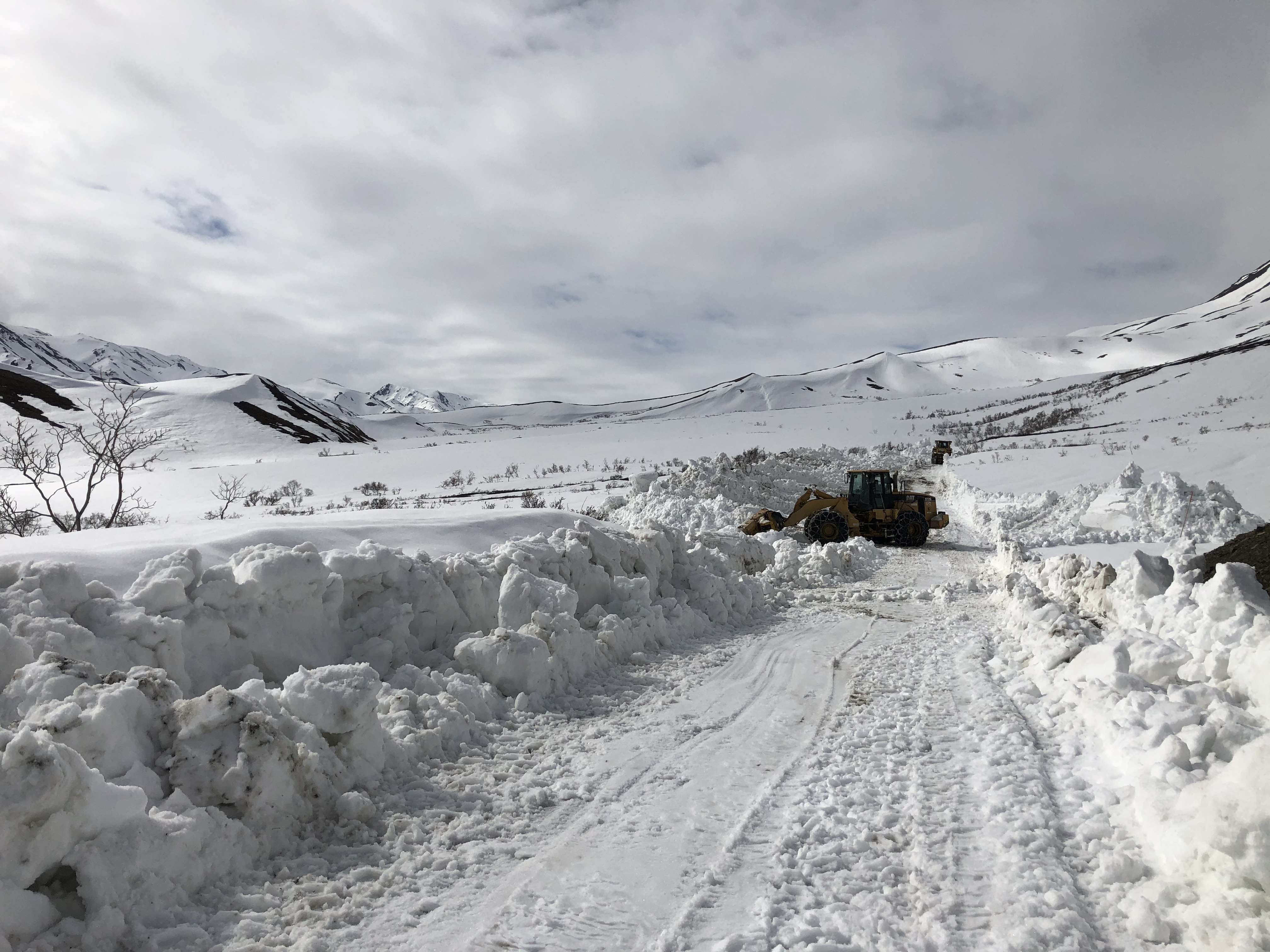 a front end loader plowing a path through a snowy landscape