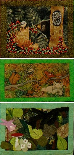 lt= three quilted squares depicting forest life