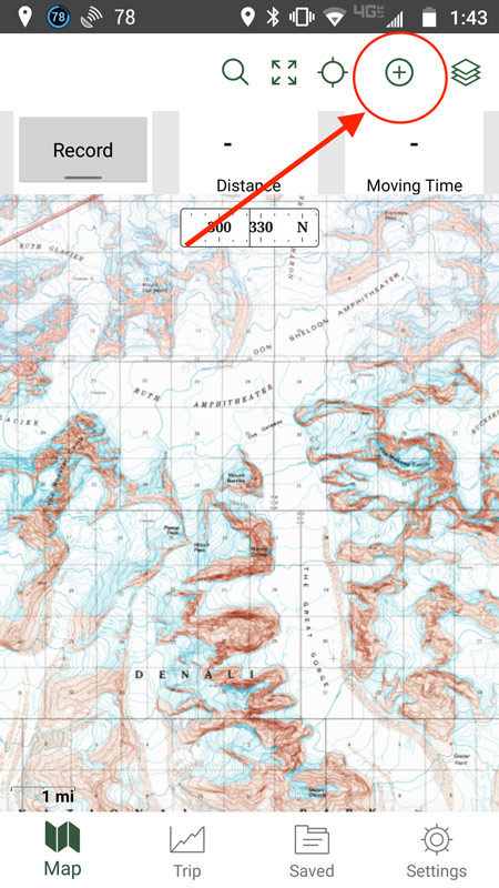 screenshot of a phone application depicting a topographical map of snowy mountains