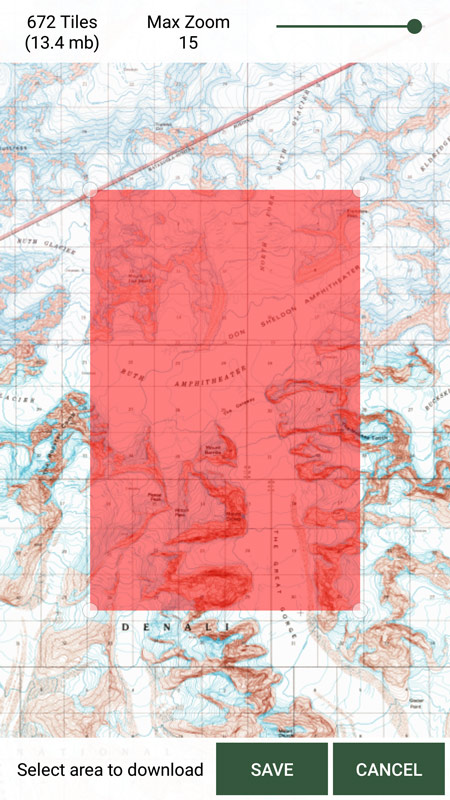 topographic map of mountains with a red overlay around a mountain labelled Denali