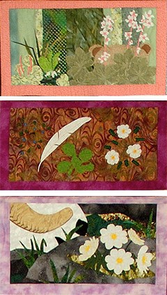 lt= three quilted squares of a bear, Dall sheep, and mountain avens