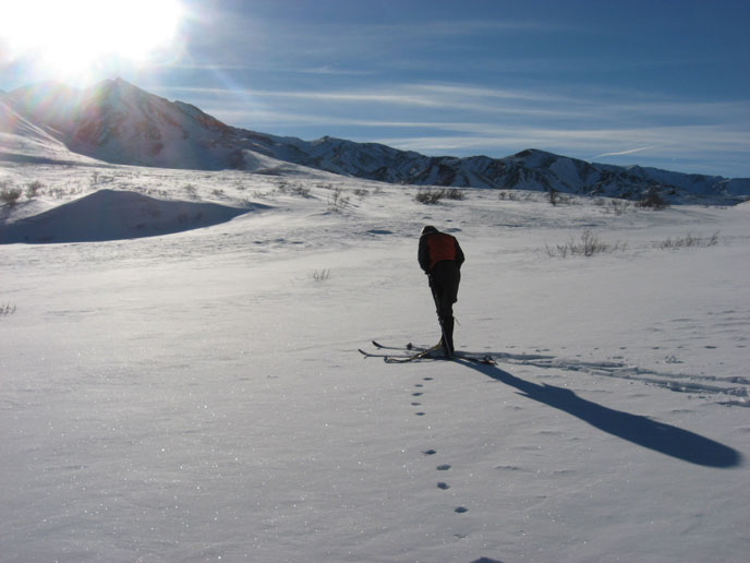 skiier and mountains