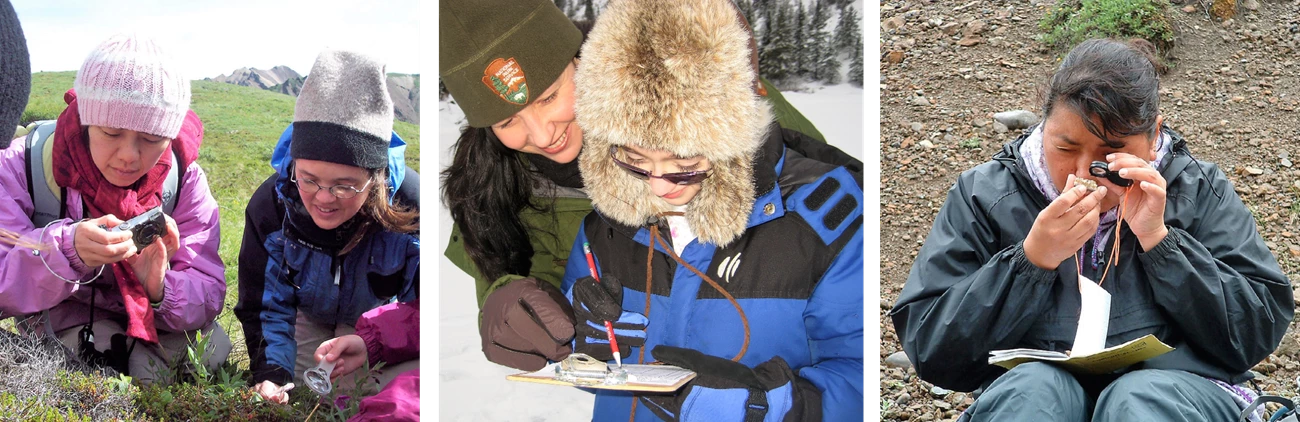 Children explore the park using science tools included in the Denali Discovery Pack Children explore the park using science tools included in the Denali Discovery Pack