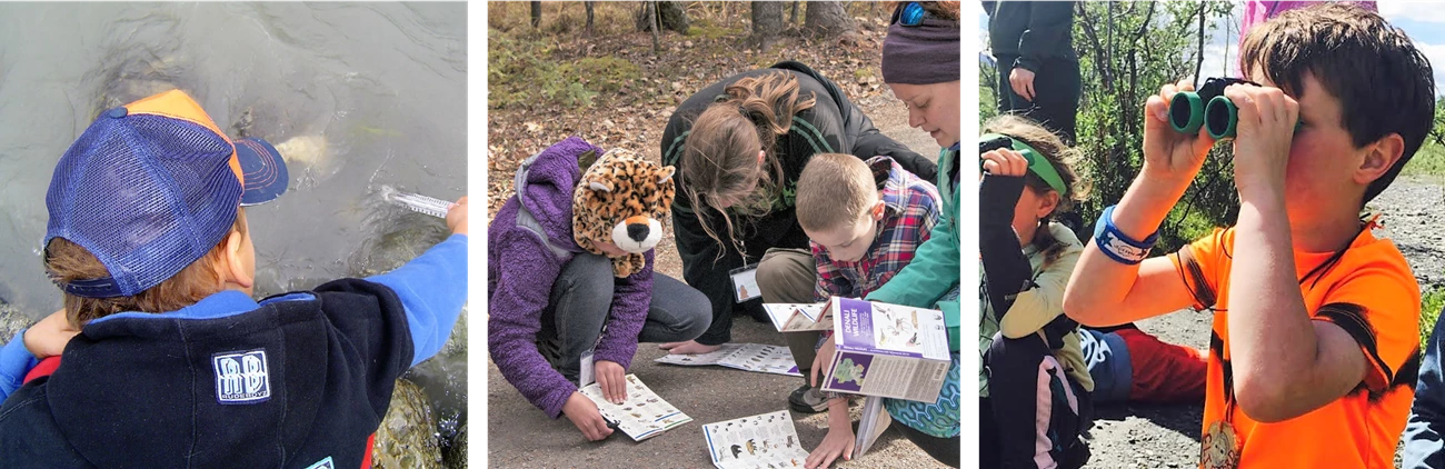 Children explore the park using science tools included in the Denali Discovery Pack Children explore the park using science tools included in the Denali Discovery Pack