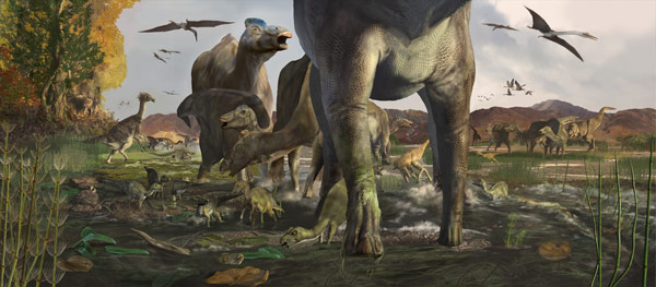 a large group of dinosaurs wander around prehistoric Denali.