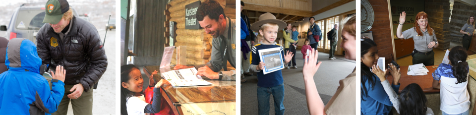 Youth are sworn in as Denali Junior Rangers by park rangers in uniform.