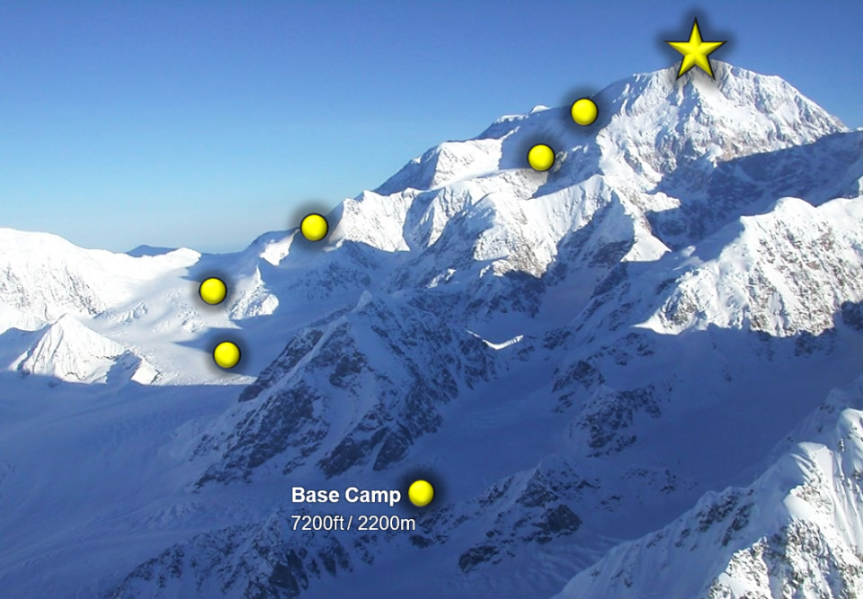 Camps along the West Buttress mountaineering route to the summit of Denali.