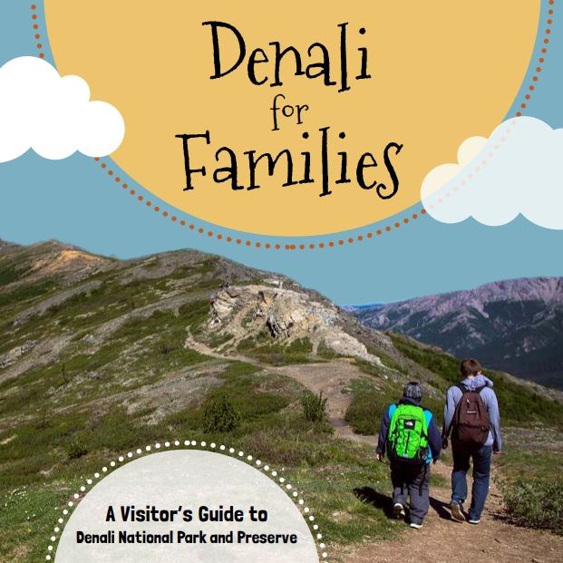 two kids walking a mountain-top trail under the words 'denali for families'