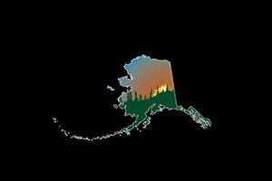 logo for Alaska interagency fire coordinator center, an outline of Alaska on a black background