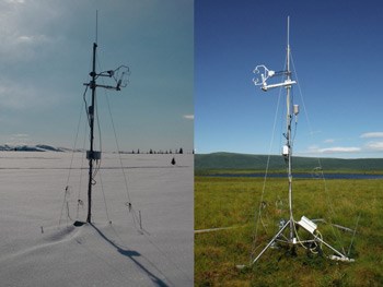 side by side pictures showing tripods. one sits in snow while the other sits on the tundra